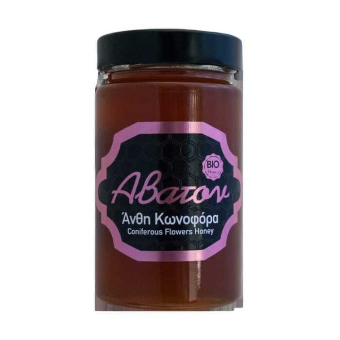 A jar of Abaton Organic Honey with Coniferous Flowers 400g