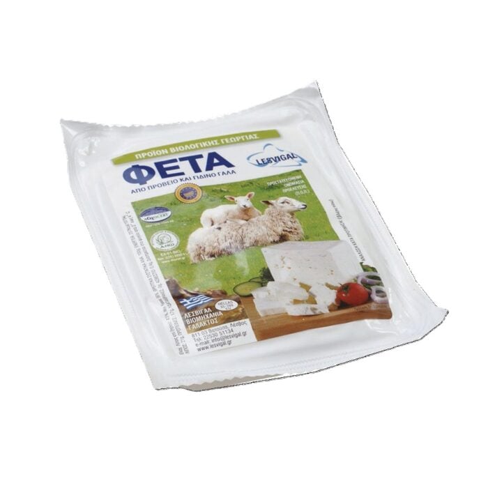 A packshot of greek bio feta cheese from lesvos