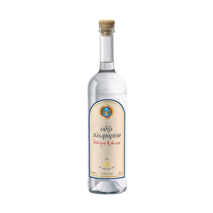 Bouteille d'Ouzo Plomari de Grèce, présentant un design traditionnel avec une étiquette blanche et bleue, réputée pour sa saveur anisée douce et équilibrée, parfaite pour être dégustée à l'apéritif ou avec des plats de meze grecs.