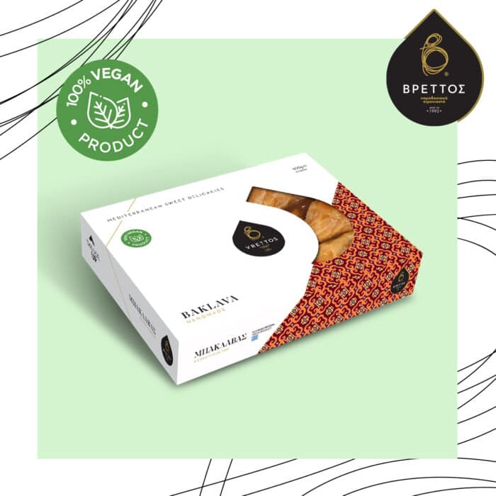 An image of a retail pack of Greek Baklava with a Suitable for Vegans tag