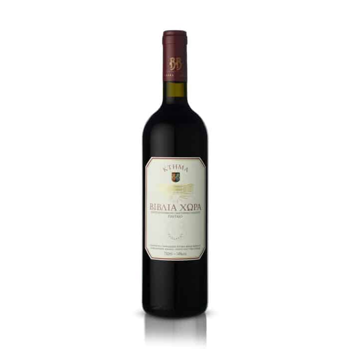 Biblia Chora Estate Red 750ml bottle from Greece, featuring an elegant label with gold accents, known for its rich, full-bodied flavor with notes of dark fruit and spices, perfect for pairing with red meats, game, and mature cheeses.