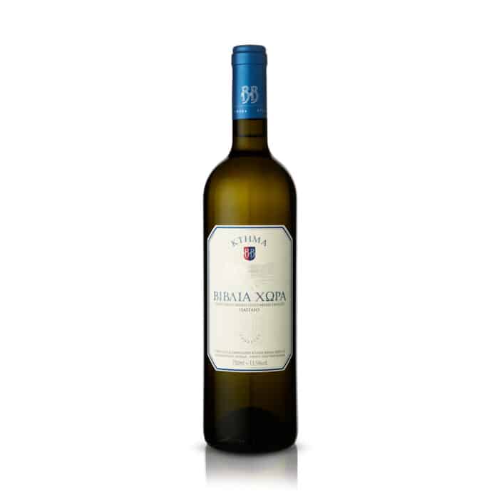 Biblia Chora Estate White 750ml bottle from Greece, featuring an elegant label with green accents, known for its crisp, aromatic profile with notes of citrus and tropical fruits, ideal for pairing with seafood, poultry, and light pasta dishes.