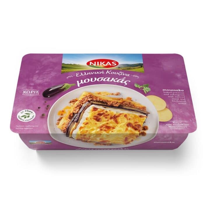 A packshot of greek moussaka ready to eat