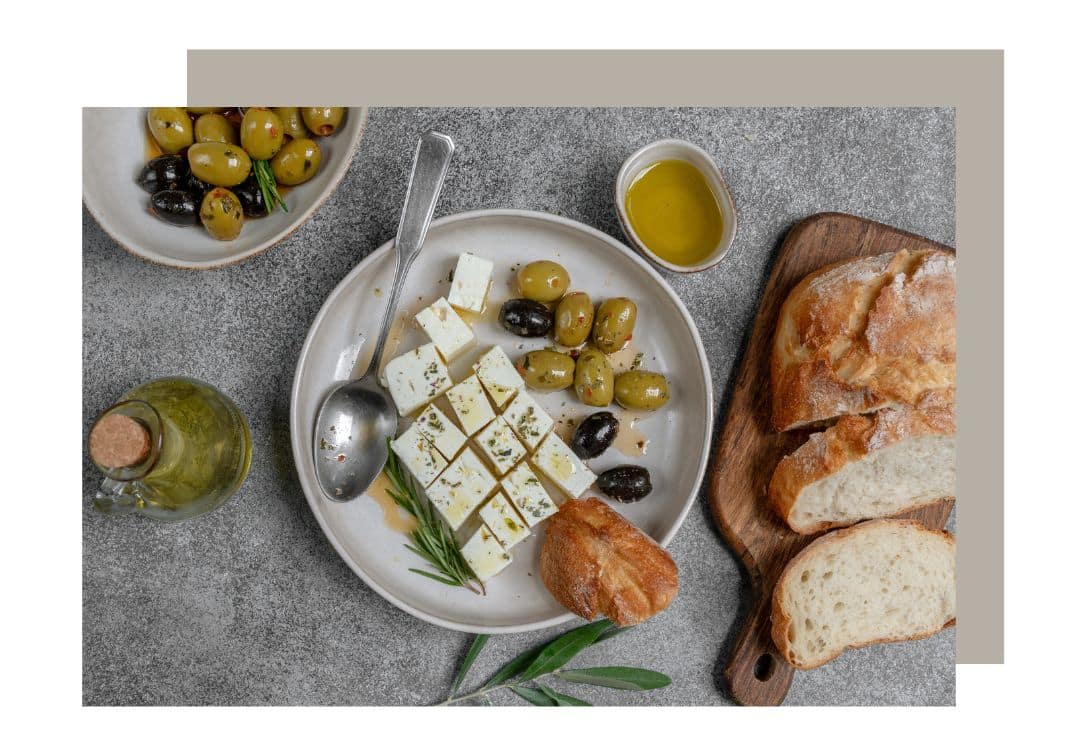 Authentic Greek food, feta, olives and fresh bread