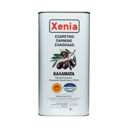 Packshot of extrra virgin olive oil from Xenia in a metal tin