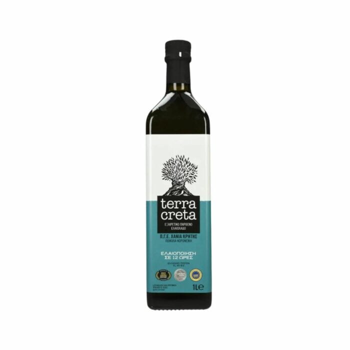 A 1 liter bottle of Terra Creta extra virgin olive oil