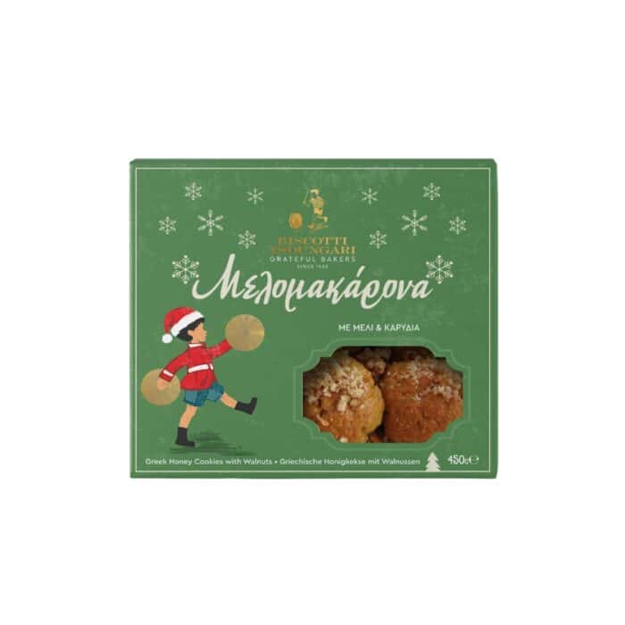 packshot of melomakarona cookies with walnut and greek honey