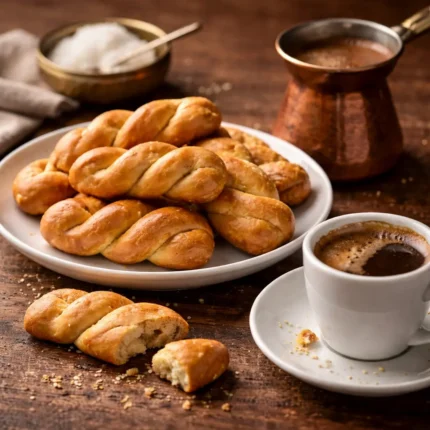 Greek Smyrneika koulourakia butter cookies served with traditional Greek coffee
