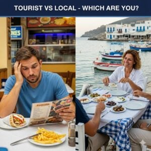 Tourist vs local Greek dining comparison - confused tourist studying menu at fast food restaurant with gyros and fries versus relaxed local woman enjoying traditional meze spread at waterfront taverna with fishing boats in background