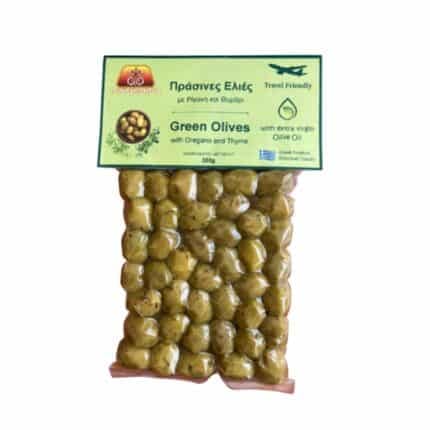 Greek Green Olives Oregano Thyme in vacuum