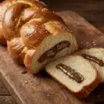 Pane dolce greco tsoureki affettato su tavola di legno con ripieno di cioccolato